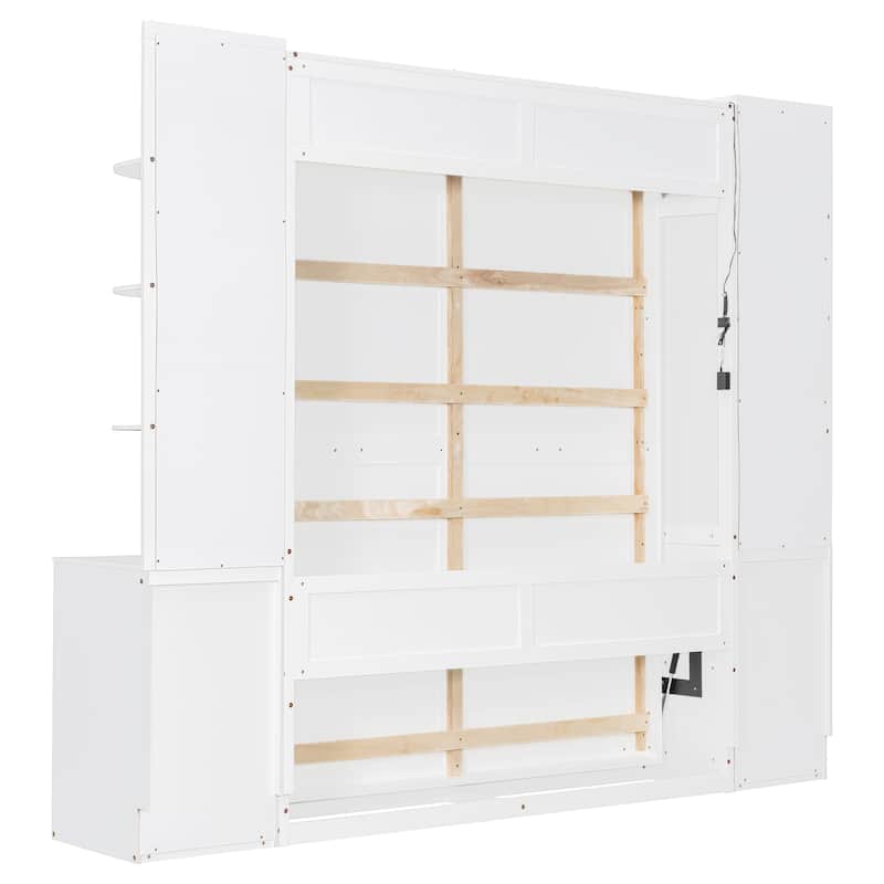 Queen Size Murphy Bed Wall Bed with Hidden Foldout Workstation, Side Open Shelves, Storage Cabinet and Drawers