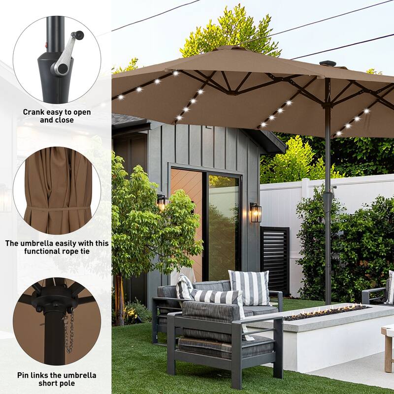15ft Patio Umbrella Outdoor Market Umbrella with Base and LED Lights