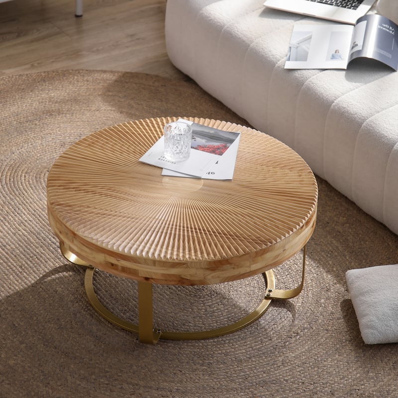 Modern Round Coffee Table Multifunctional Minimalist Coffee Table with Natural Pine Finish and Curved Frame, for Living Room‌