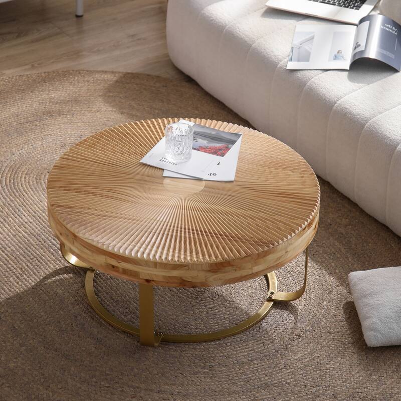 Modern Round Coffee Table Wooden Carving Pattern Coffee Table with Metal Legs, for Living Room Reception Room Office