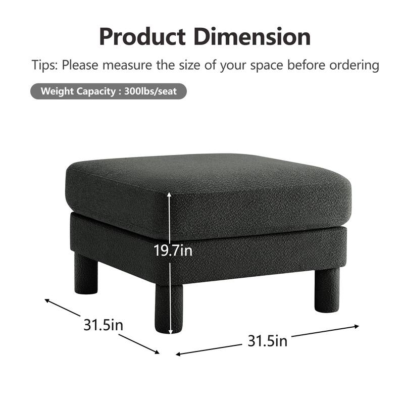 Boucle Fabric Ottoman with Wooden Legs Modern Living Room Accent