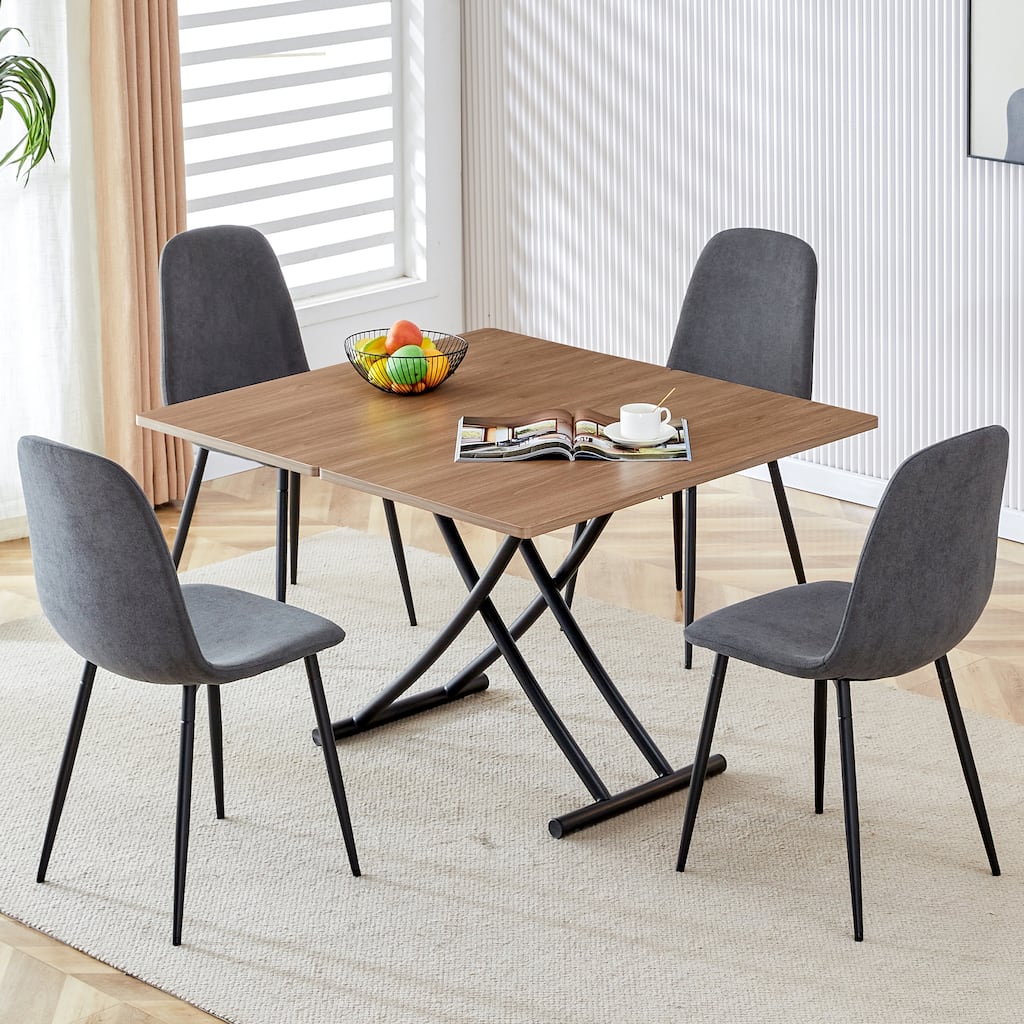Modern Lifting Table,Wood Grain Craft Sticker Desktop,Metal Legs.Paired with 4 Chairs
