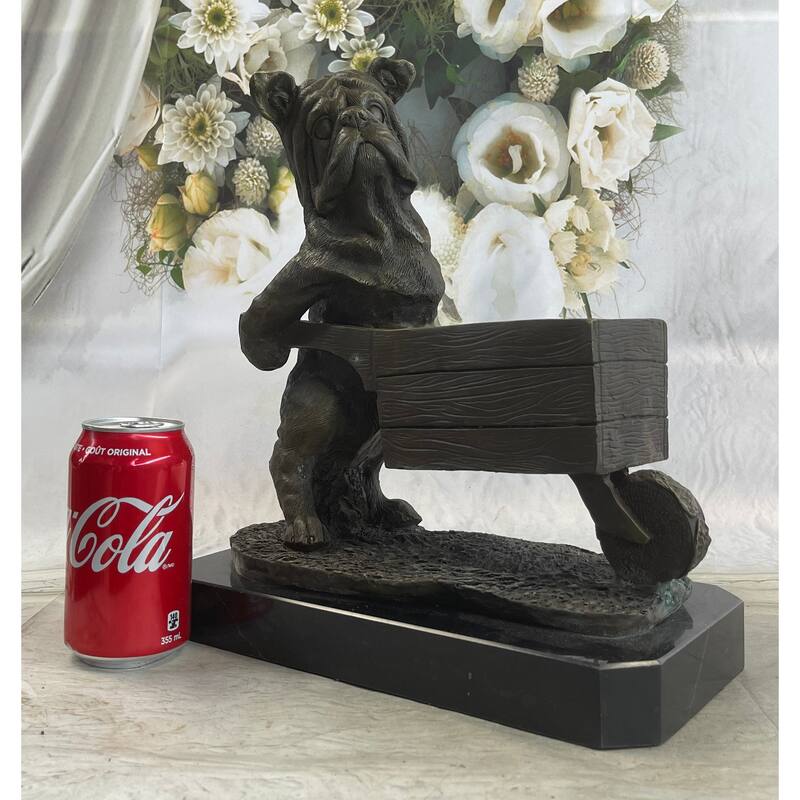 English Imitative BullImitative dog Pushing Wheelbarrow Bronze Planter Dish Sculpture Figure 12 Inches X 12 Inches