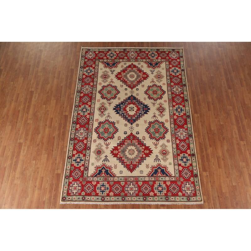 Hand Knotted Oriental 100% Wool Carpet Traditional Geometric Beige & Ivories Kazak Area Rug - 9' 9'' X 6' 8''