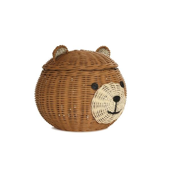 Bear Head Rattan Storage Basket with Lid Decorative Home Decor Hand Woven Shelf Organizer Cute Handmade Handcrafted Gift Artwork