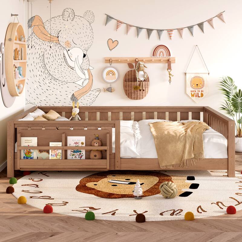 Montessori Floor Bed Low Profile Kids Bed with Rails & Bookshelf