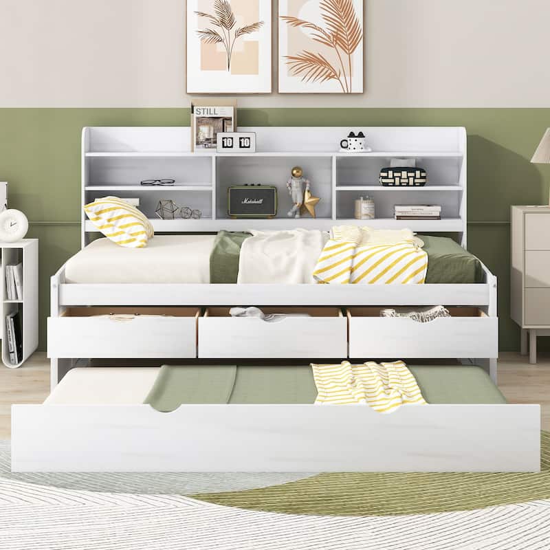 Wooden Bed with Built-in Bookshelves,Three Storage Drawers and Trundle