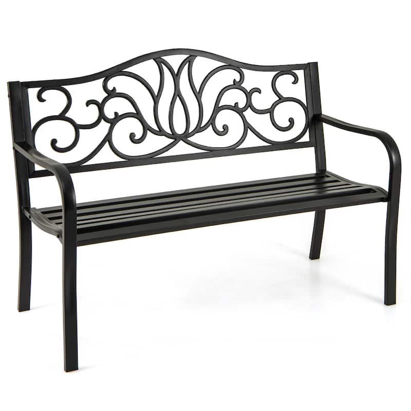 Black Cast Iron Metal Garden Bench with Floral Backrest and Ergonomic Design - 50" L x 24" W x 35" H - Black