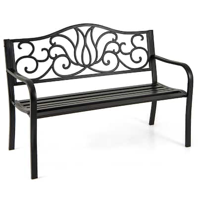 Black Cast Iron Metal Garden Bench with Floral Backrest and Ergonomic Design - 50" L x 24" W x 35" H