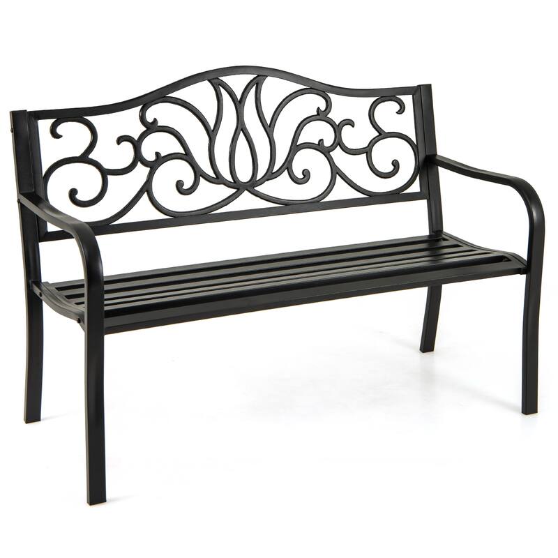 Gymax 2-person Metal Bench w/ Floral Pattern Slanted Backrest Slatted