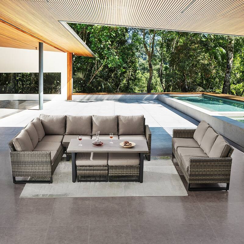 Gymojoy Patio Sectional Rattan Sofa with Ottoman - Grey - Grey