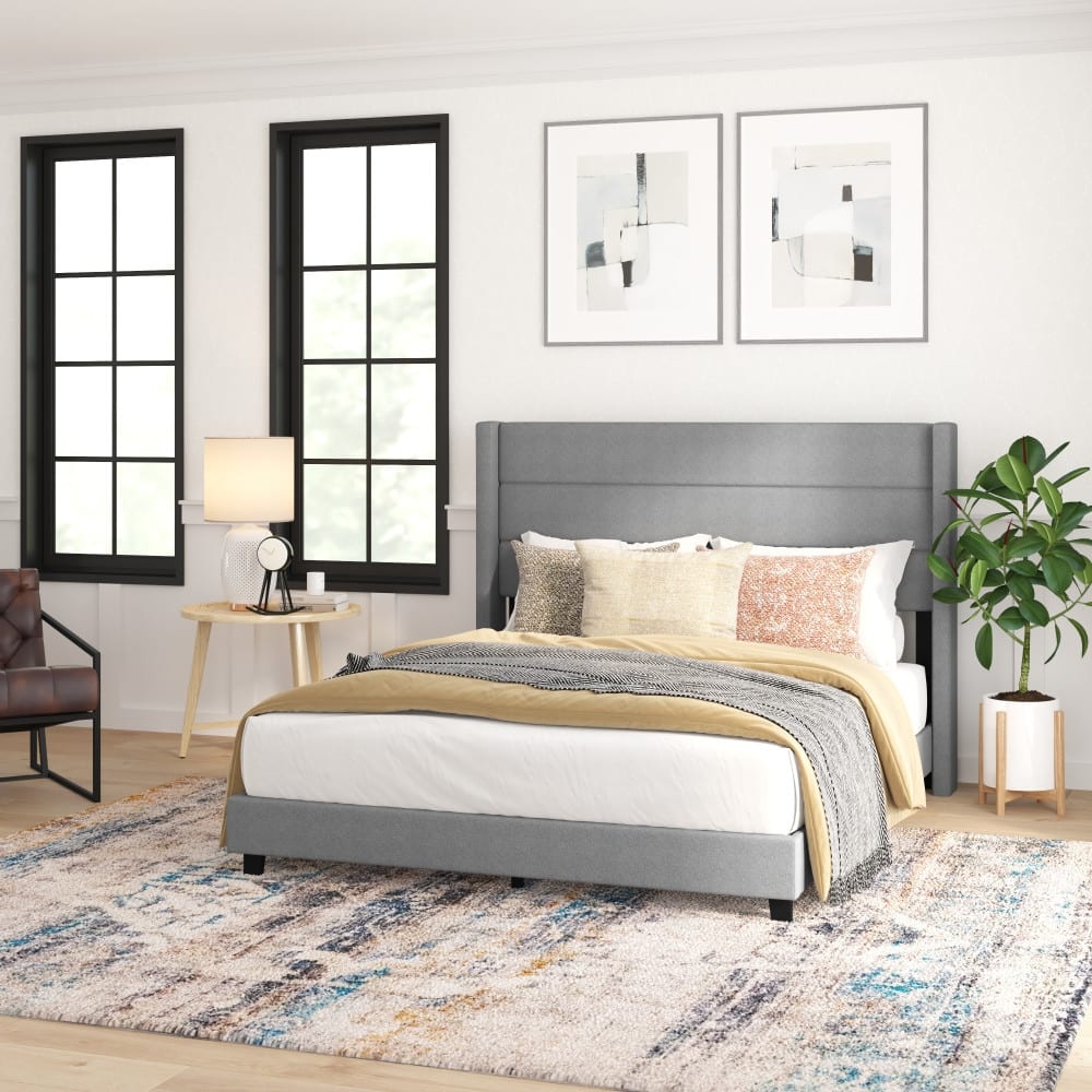 Upholstered Platform Bed with Wingback Headboard