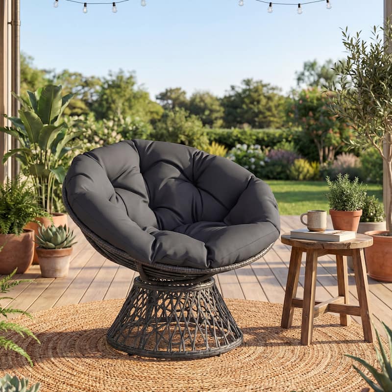 Gymax 360-DegreeSwivel Papasan Chair Round Wicker Lounge Chair w/Thick