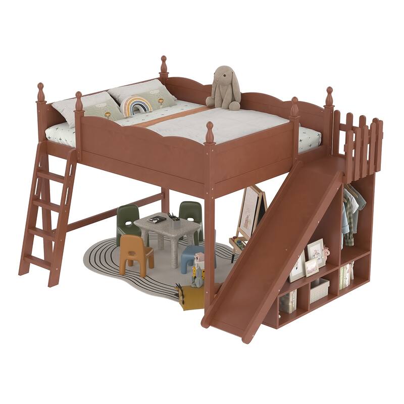 Queen Loft Bed with Storage Shelves and Wardrobe, Solid Wood Loft Beds with Detachable Slide and Ladders, No Spring Box Needed