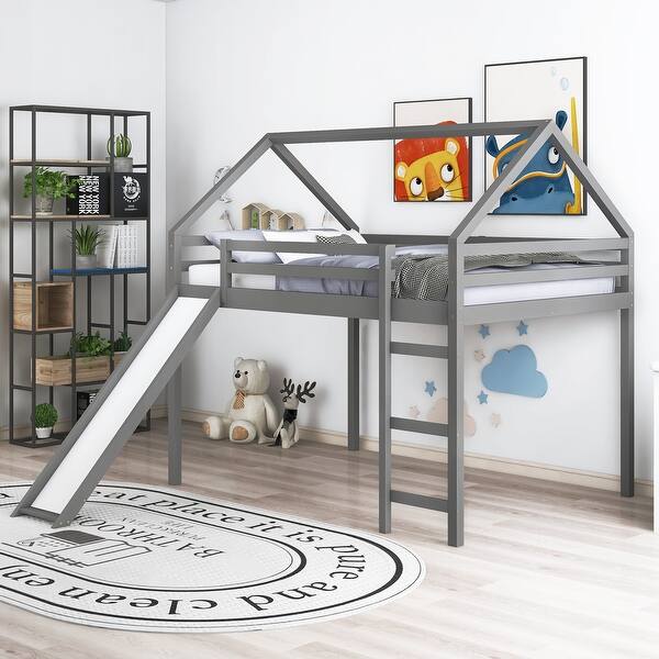 slide 2 of 9, L-Shaped Twin over Full Bunk Bed and Twin Size Loft Bed - Built-in Desk and Safety Guardrail - Kids' Furniture Full - Gray