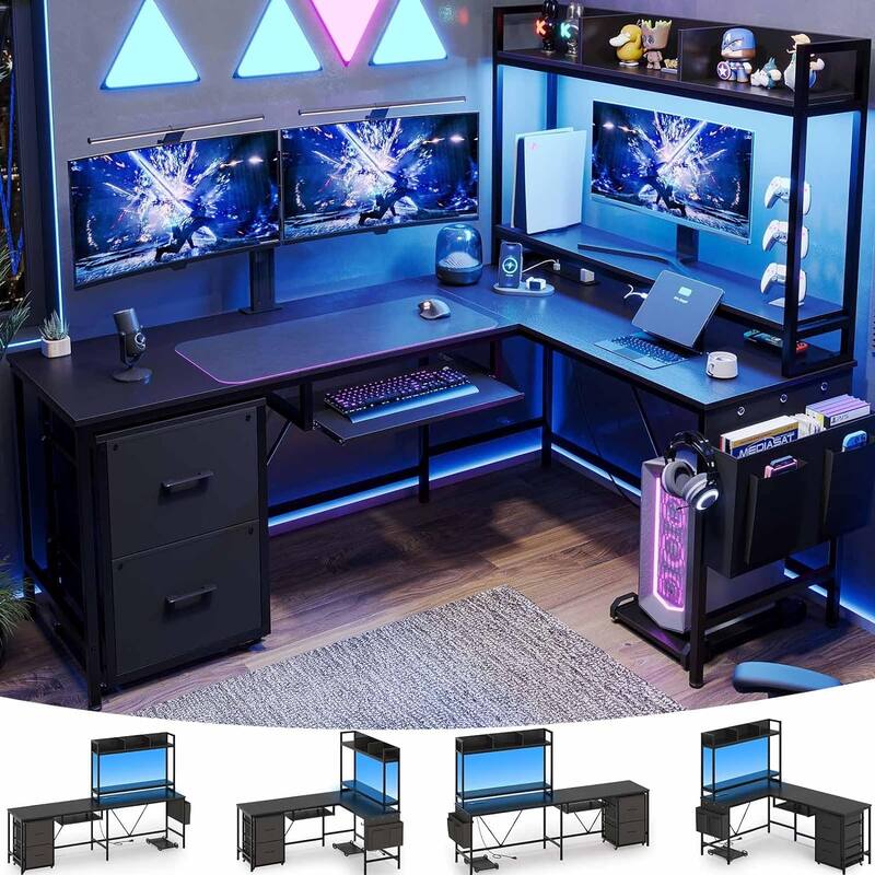 Reversible L Shaped Gaming Desk Power Outlet LED Light