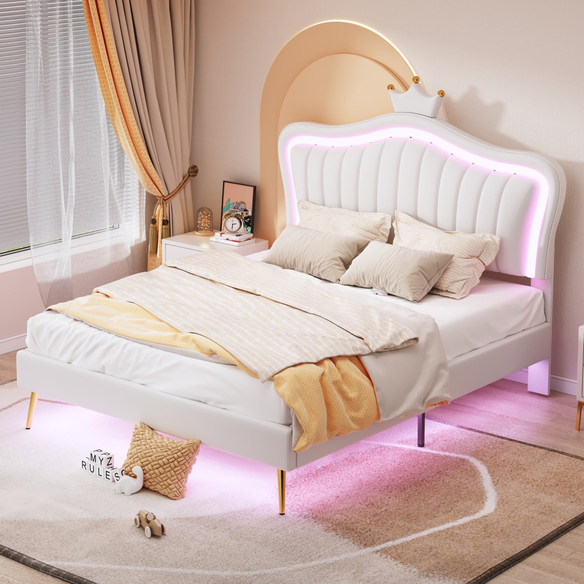 Queen Size Upholstered Bed Frame with LED Lights Modern Upholstered Princess Bed With Crown Headboard White