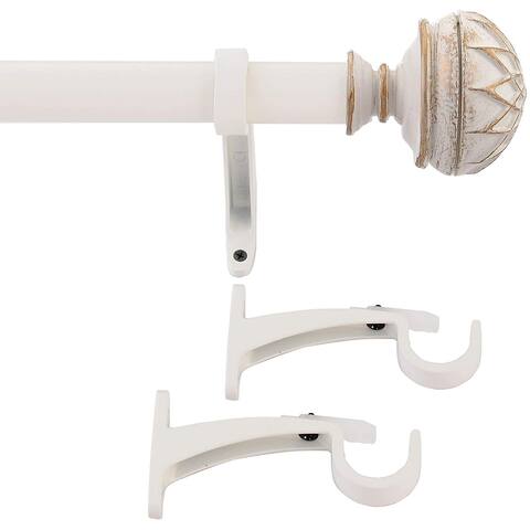 1 Inch Adjustable Ivory Curtain Rod for Windows & Doors Curtains with Round Striped Finials & Brackets Set -By Deco Window
