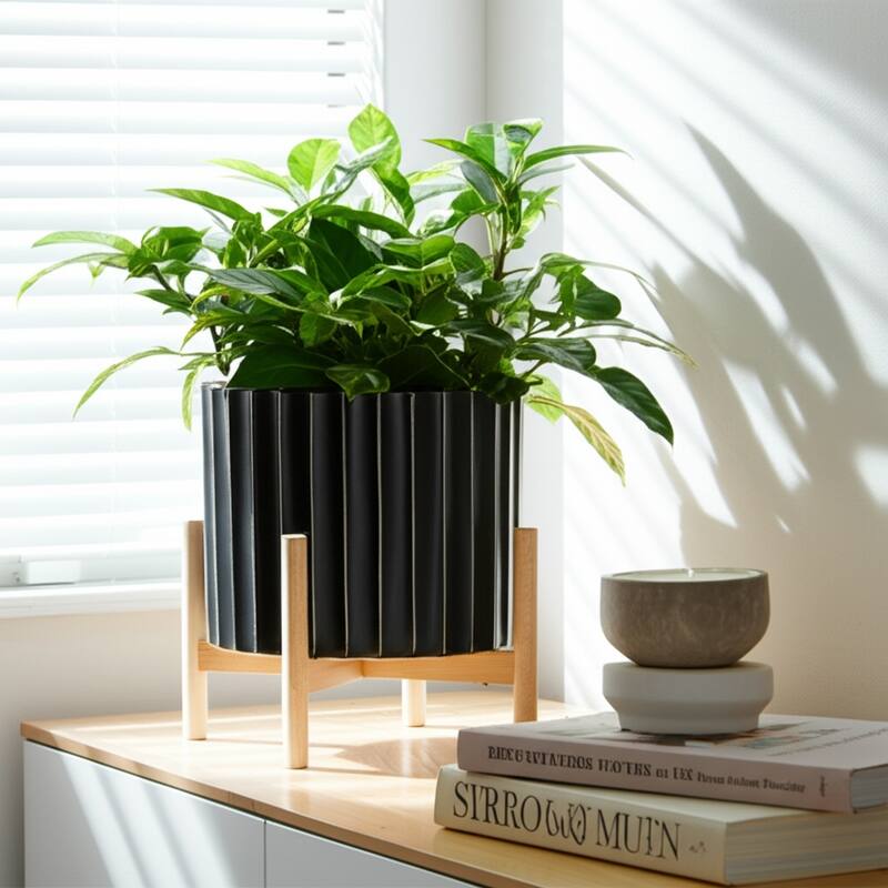 Ceramic Fluted Planter with Wood Stand - Black