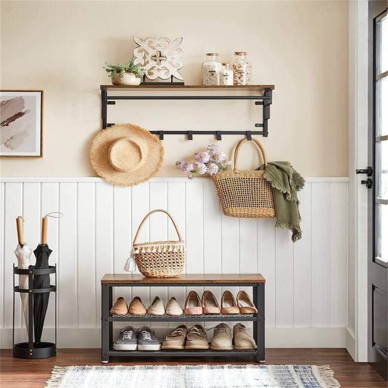 Shelf Storage Bench with Metal Mesh Shelves and Seat Free Standing - 11.8"D x 28.7"W x 17.7"H