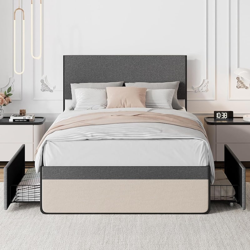 Bed Frame with 2 Storage Drawers Upholstered Platform Bed Frame