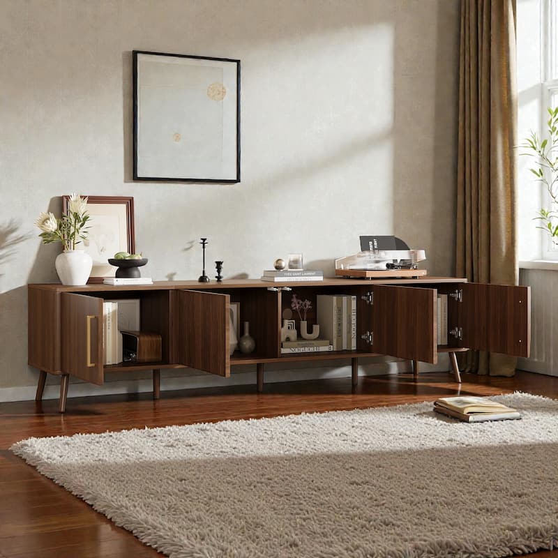 78" Modern TV Stand for 85" TVs, Entertainment Center with Fluted Doors, Solid Wood Legs & Cable Management, Soft-Close Hinges