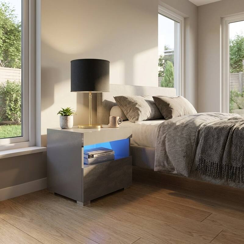 Meble Furniture High-Gloss Nightstand with LED Lights 19.7"W x 15.75"D x 18.8"H European Design