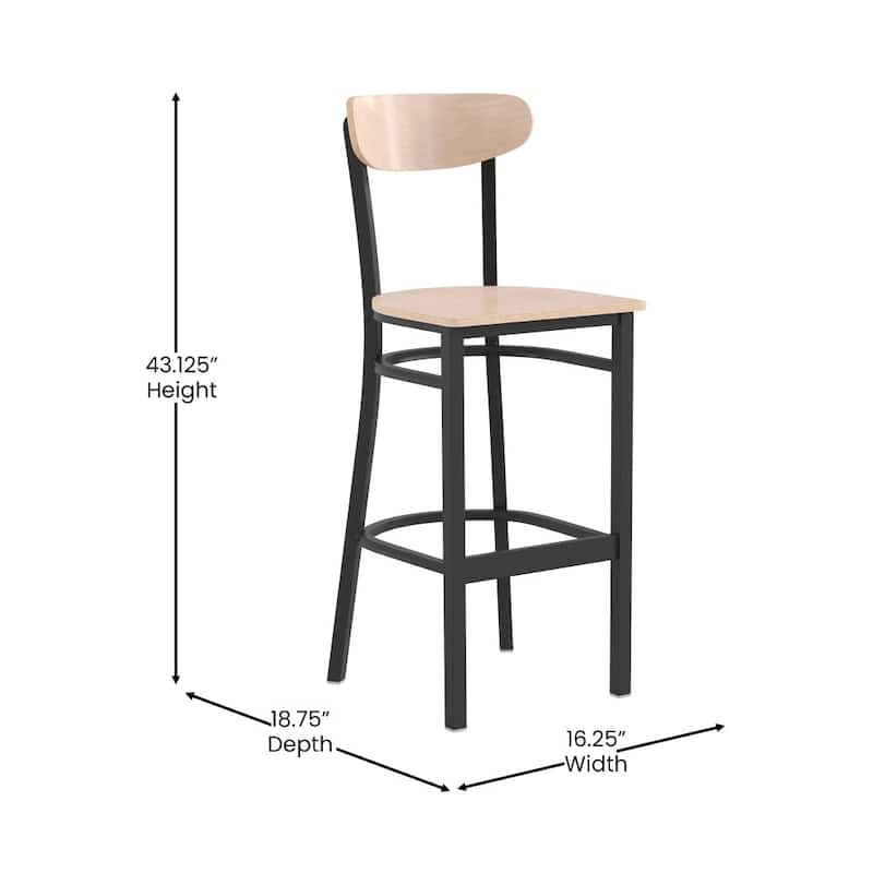 Commercial Metal Barstool with Wood Seat and Boomerang Back