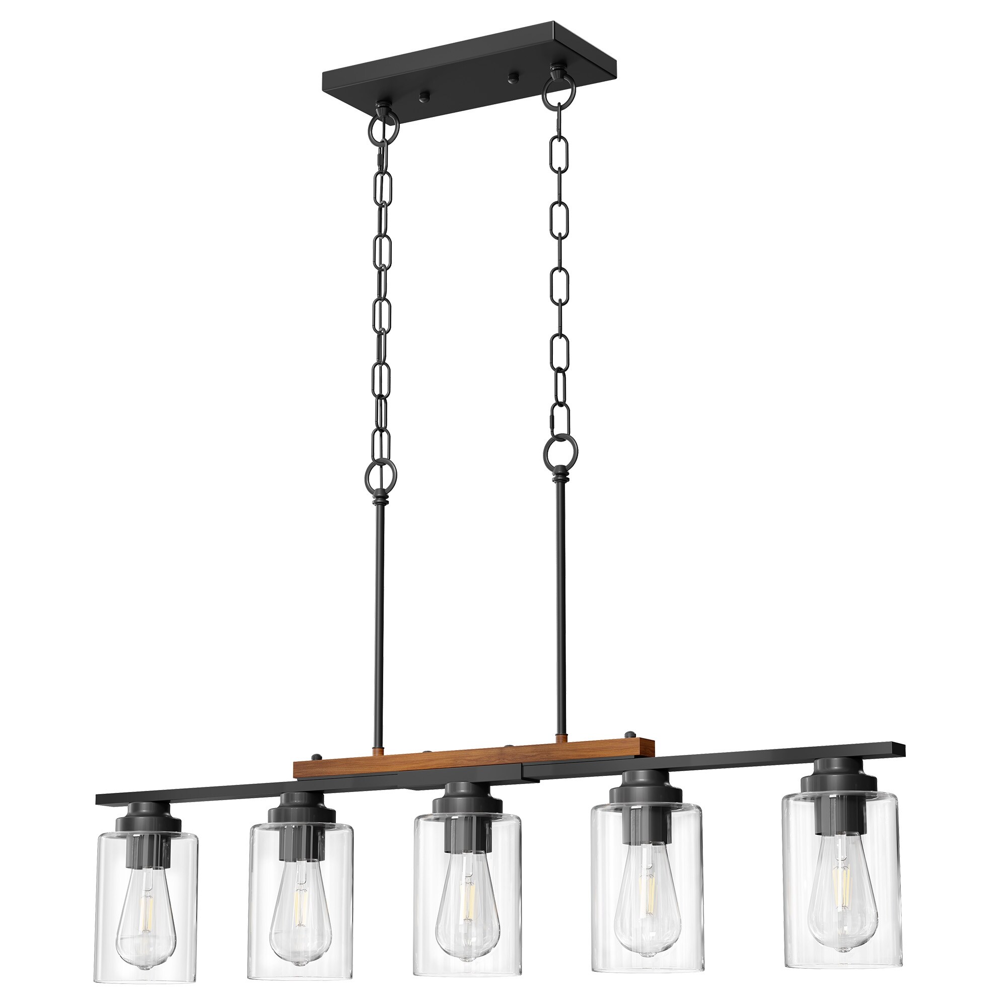 thumbnail image 2 of 5-Light Farmhouse Chandelier - Rustic Wood & Black Metal Kitchen Island Lighting 2 of 6
