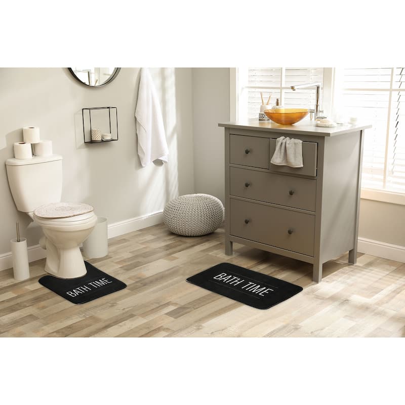 Non-Slip Microfiber Bathmat or Contour Rug Bath Time Design - Set of 2 - Black