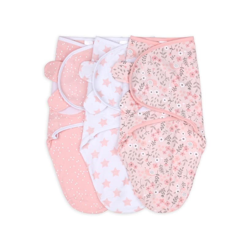 The Peanutshell Pink Floral Stars Swaddles, 3-Pack, Medium/Large