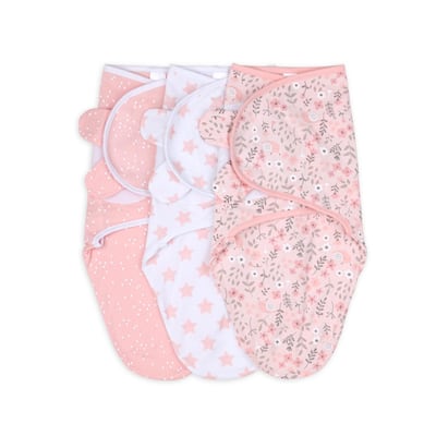 The Peanutshell Pink Floral Stars Swaddles, 3-Pack, Medium/Large