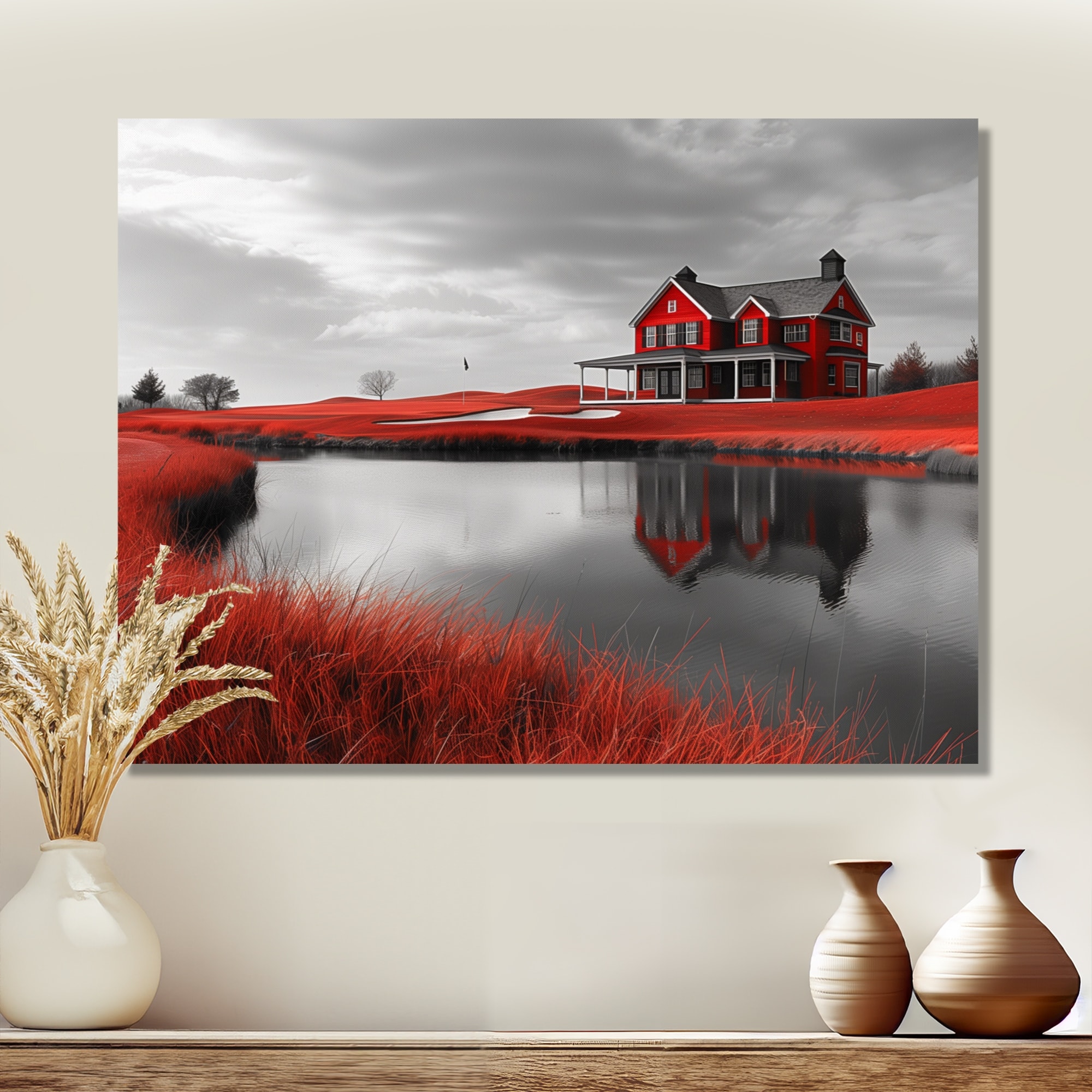 Designart "Red Grey Autumn Country Home Charm II" Barn Canvas Wall Art - Traditional Wall Decor Art White Wall Art Print