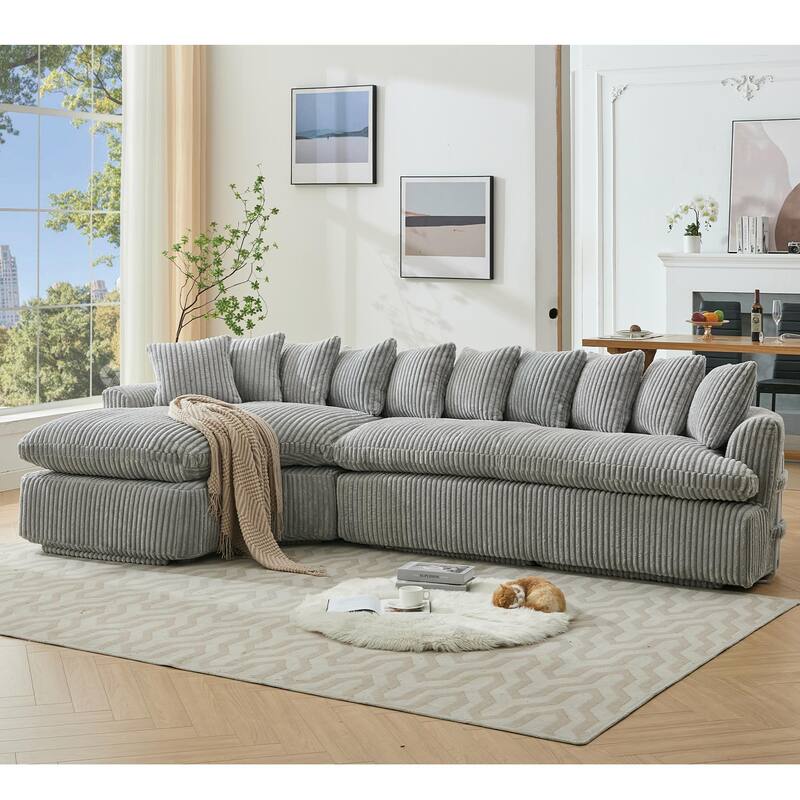 127" Corduroy L-Shaped Sectional Sofa with 10 Back Cushions