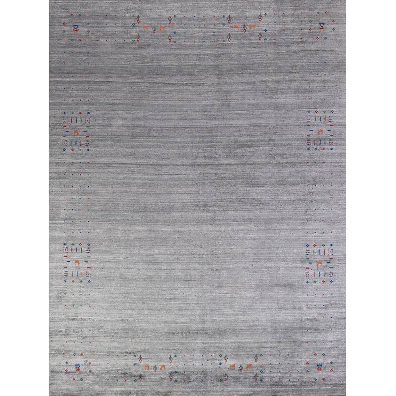 Hand Knotted Oriental Viscose Silk Carpet Tribal Stripe Greys & Charcoal Gabbeh Area Rug - 9' 10'' X 7' 10''