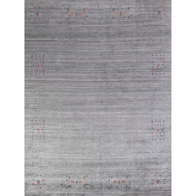 Hand Knotted Oriental Viscose Silk Carpet Tribal Stripe Greys & Charcoal Gabbeh Area Rug - 9' 10'' X 7' 10''