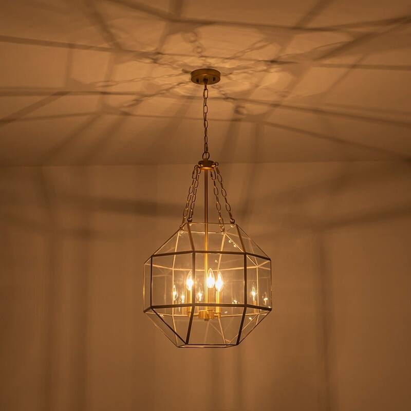 Modern 3-Light Polygonal Cube Clear Glass Metal Lantern Chandelier - 18.1in