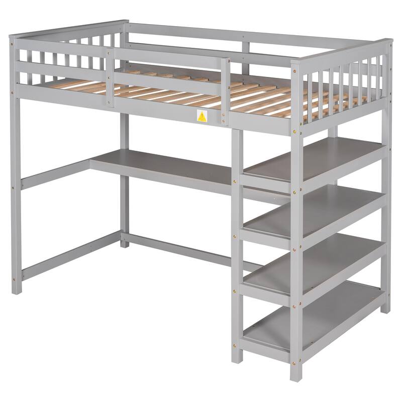 Twin Size Loft Bed with Storage Shelves and Under-bed Desk, Gray