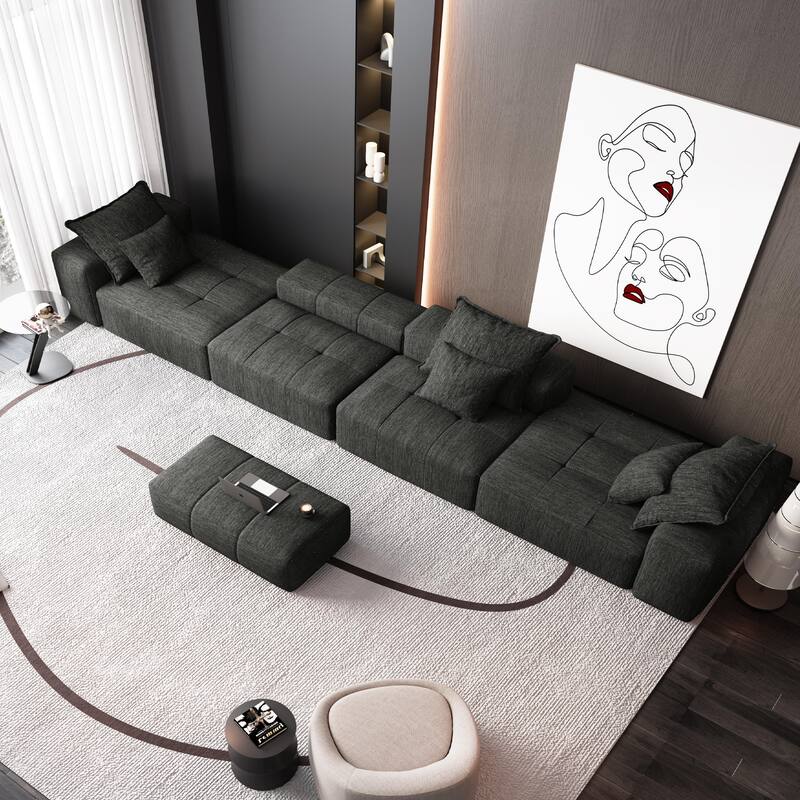 Modern Oversized Chenille Modular Sectional Sofa Tufted Sofa with 6 Pillows and Ottoman for Living Room