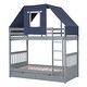 preview thumbnail 6 of 7, Gray+Blue Twin over Twin Wood Bunk Bed with Drawers & Tent