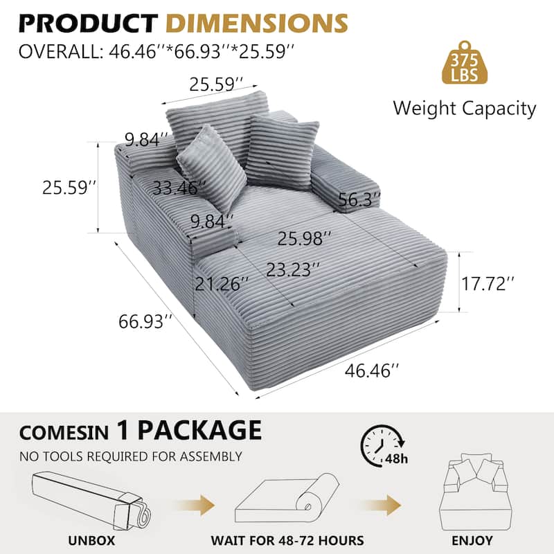 Deep Seat Chaise Lounge Chair, Wide Armrest Sleeper Sofa with Three Soft Pillows, Convertible Boneless Sofa Bed Daybed