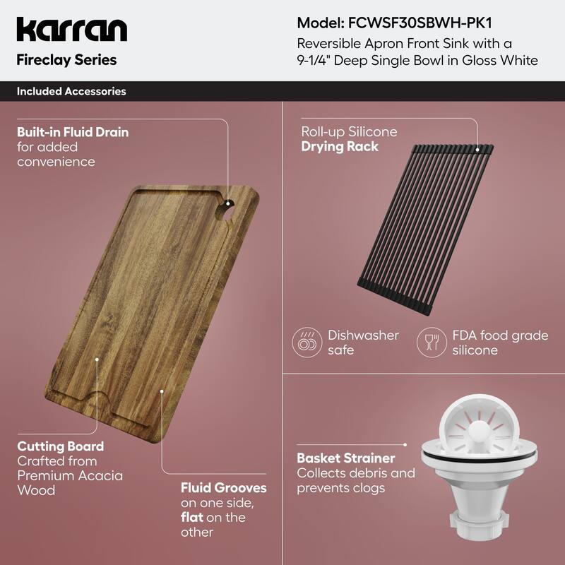 Karran 30" Single Bowl Workstation Fireclay Kitchen Sink with Reversible Fluted Apron Front