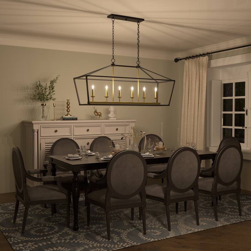 49 in. Modern Farmhouse 6-light Black/ Gold Rectangle Linear Chandelier with UL Certified - 49 inches