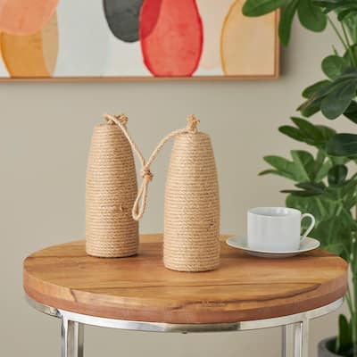 White or Brown Wood Handmade Coiled Striped Rope Buoy Sculpture with Joined Hanging Handle (Set of 2)