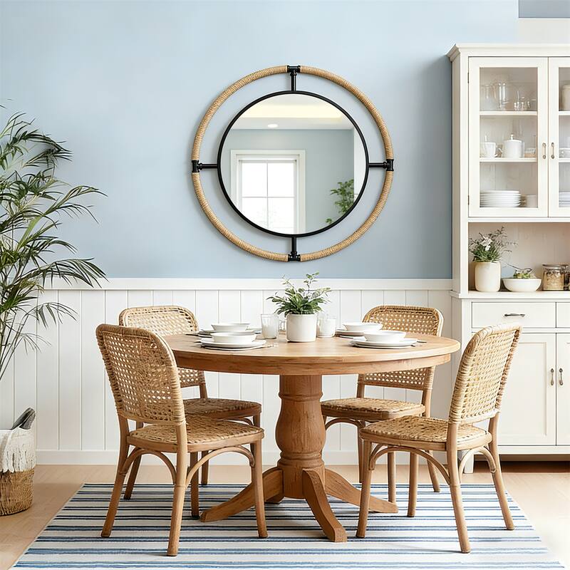 Industrial Nautical Dual Round Wall Hanging Decorative Mirror with Rope Coastal Decor Mirror
