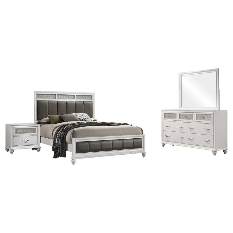 Dini 4pc Queen Bedroom Set, Gray Faux Leather Grid Upholstery, White