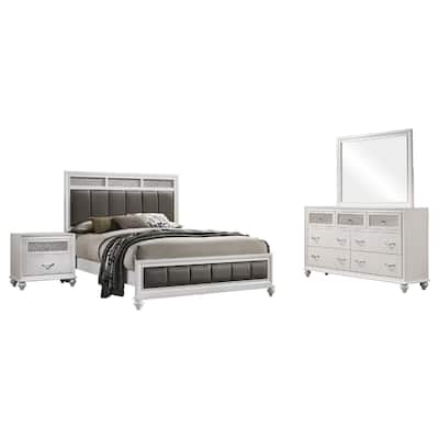 Dini 4pc Queen Bedroom Set, Gray Faux Leather Grid Upholstery, White