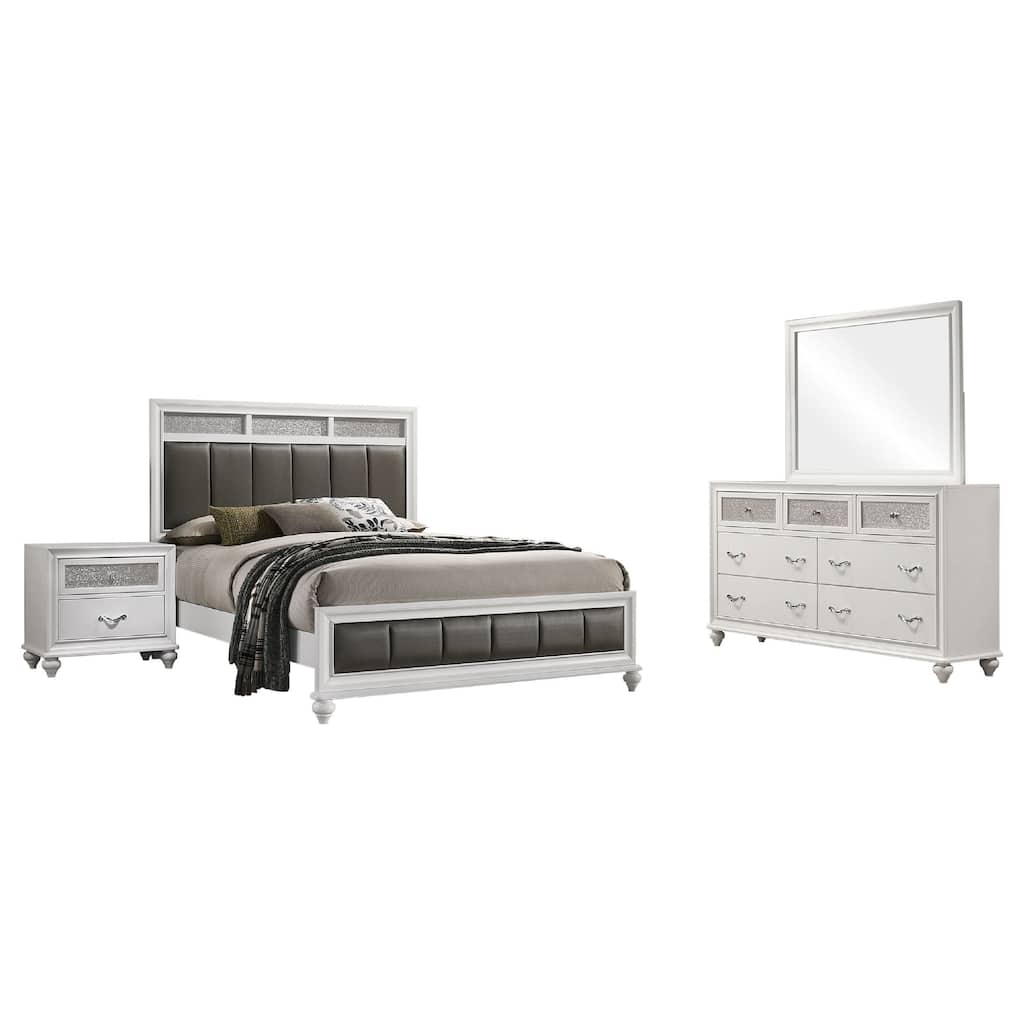 Dini 4pc Queen Bedroom Set, Gray Faux Leather Grid Upholstery, White