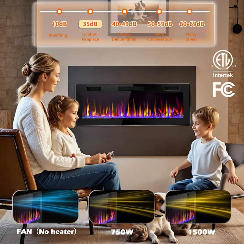 BOSSIN Electric Fireplace - Recessed or Wall Mounted Heater, 750/ 1500W, Adjustable Flame, Remote & Touch Control, Timer