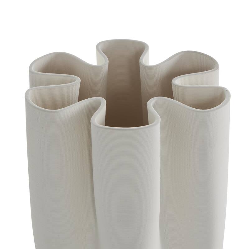 Ceramic Abstract Ribbed Dimensional Folded Decorative Vase with Floral Shaped Rim - White - Roche River Decor